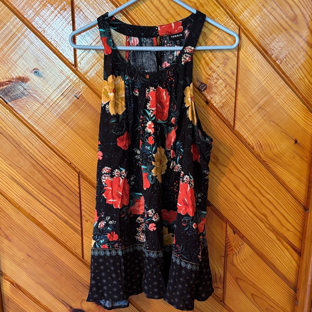 Floral Sleeveless Dress with Red and Yellow Accents